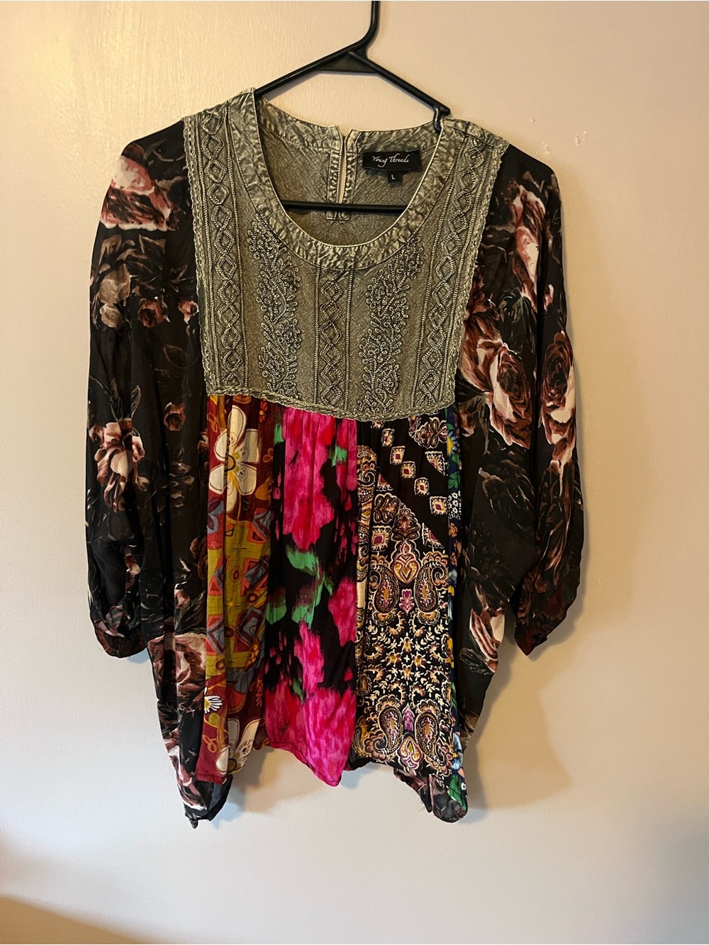 Young Threads Fashion Patchwork Tunic - Black, Pink, Green, Cream